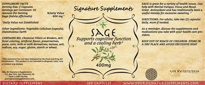 Photo of the Signature Supplements Sage 400 mg label