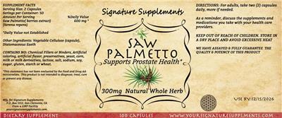 Photo of the Signature Supplements Saw Palmetto 300 mg label