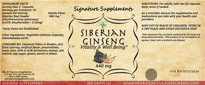 Photo of the Signature Supplements Siberian Ginseng 440 mg label