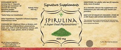 Photo of the Signature Supplements Spirulina 400 mg label