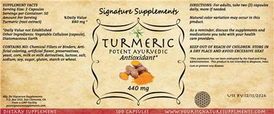Photo of the Signature Supplements Turmeric 440 mg label