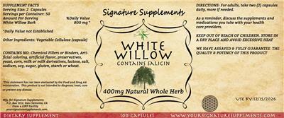 Photo of the Signature Supplements White Willow 400 mg label