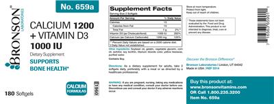 Photo of the Bronson Laboratories Calcium 1200 + Vitamin D3 1000 IU label