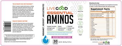 Photo of the LiveGood Essential Aminos Delicious Fruit Punch Flavor label