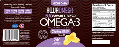 Photo of the AquaOmega High DHA Omega-3 3560 mg label