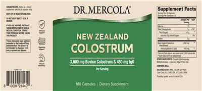 Photo of the Dr. Mercola New Zealand Colostrum 3,000 mg Bovine Colostrum & 450 mg IgG label