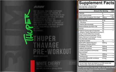 Photo of the RAW Thuper Thavage Pre-Workout White Cherry label