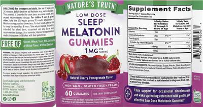 Photo of the Nature's Truth Low Dose Melatonin Gummies 1 mg Natural Cherry Pomegranate Flavor label