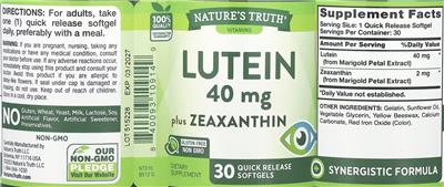 Photo of the Nature's Truth Lutein 40 mg plus Zeaxanthin label