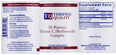 Product label for Hi-Potency Vitamin C/Bioflavonoid Complex