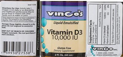 Photo of the Vinco's Vitamin D3 10,000 IU label