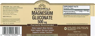 Photo of the Windmill Natural Vitamins Magnesium Gluconate 500 mg label