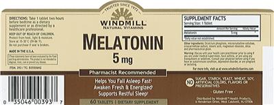 Photo of the Windmill Natural Vitamins Melatonin 5 mg label