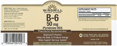Photo of the Windmill Natural Vitamins B-6 50 mg (Pyridoxine HCl) label