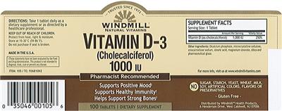 Photo of the Windmill Natural Vitamins Vitamin D-3 (Cholecalciferol) 1000 IU label