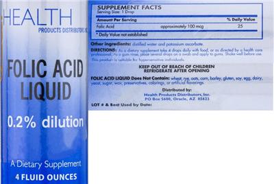 Photo of the Health Products Distributors Folic Acid Liquid label