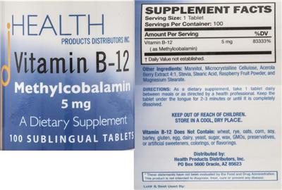 Photo of the Health Products Distributors Vitamin B-12 5 mg label