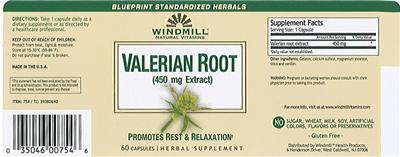 Photo of the Windmill Natural Vitamins Valerian Root (450 mg Extract) label
