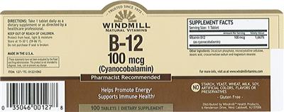 Photo of the Windmill Natural Vitamins B-12 100 mcg (Cyanocobalamin) label