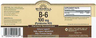Photo of the Windmill Natural Vitamins B-6 100 mg (Pyridoxine HCl) label