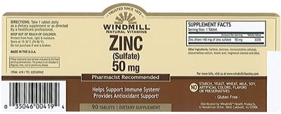 Photo of the Windmill Natural Vitamins Zinc (Sulfate) 50 mg label