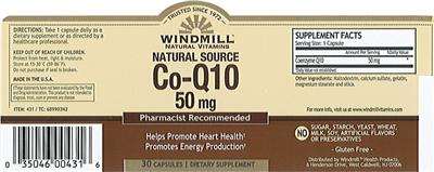 Photo of the Windmill Natural Vitamins Natural Source Co-Q10 50 mg label