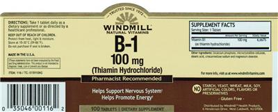 Photo of the Windmill Natural Vitamins B-1 100 mg (Thiamin Hydrochloride) label