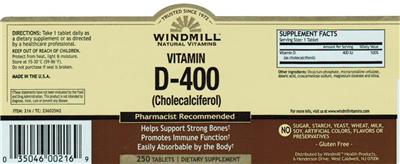 Photo of the Windmill Natural Vitamins Vitamin D-400 (Cholecalciferol) label
