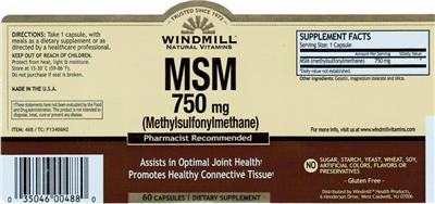 Photo of the Windmill MSM 750 mg label