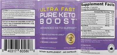 Photo of the Justified Laboratories Ultra Fast Pure Keto Boost label
