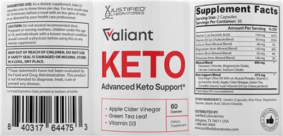 Photo of the Justified Laboratories Valiant Keto label