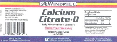 Photo of the Windmill Calcium Citrate+D label