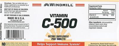 Photo of the Windmill Vitamin C-500 label