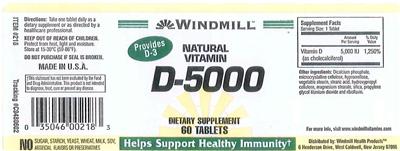 Photo of the Windmill Natural Vitamin D-5000 label