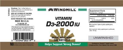 Photo of the Windmill Vitamin D3-2000 IU label