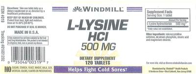 Photo of the Windmill L-Lysine HCl 500 mg label