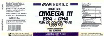 Photo of the Windmill Natural Omega III EPA + DHA Fish Oil Concentrate 1,000 mg label