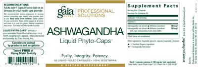 Photo of the Gaia Herbs Professional Solutions Ashwagandha Liquid Phyto-Caps label