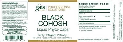Photo of the Gaia Herbs Professional Solutions Balck Cohosh Liquid Phyto-Caps label