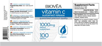Photo of the BIOVEA Vitamin C Sustained Release 1000 mg label