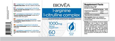 Product label for L-Arginine L-Citrulline Complex 1000 mg