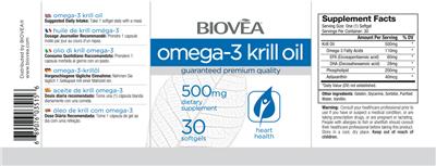 Photo of the BIOVEA Omega-3 Krill Oil 500 mg label
