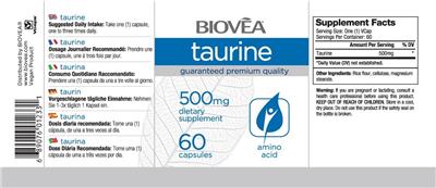 Photo of the BIOVEA Taurine 500 mg label