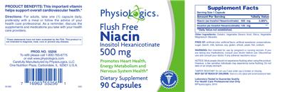 Photo of the PhysioLogics Flush Free Niacin Inositol Hexanicotinate 500 mg label