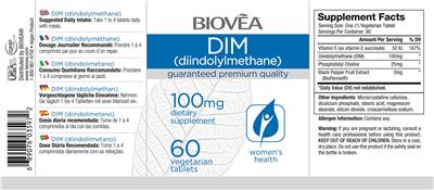 Photo of the BIOVEA DIM (Diindolylmethane) 100 mg label