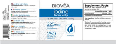 Photo of the BIOVEA Iodine From Kelp 225 mcg label