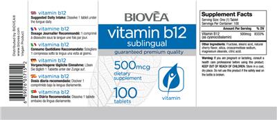 Photo of the BIOVEA Vitamin B12 Sublingual 500 mcg Cherry Flavor label
