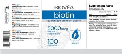 Photo of the BIOVEA Biotin 5000 mcg label