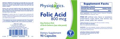 Photo of the PhysioLogics Folic Acid 800 mcg label