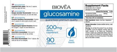 Photo of the BIOVEA Glucosamine 500 mg label